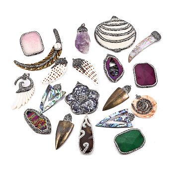 Natural Gemstone & Shell Pendants, with Brass & Alloy Findings and Clay Rhinestones, Mixed Shape, 44~83x18~68x5~18mm, Hole: 1.6~1.8mm and 5x8mm