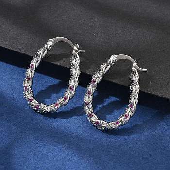 Brass Micro Pave Cubic Zirconia Hoop Earrings for Women, Twist with Oval, Platinum, 34x4.5mm