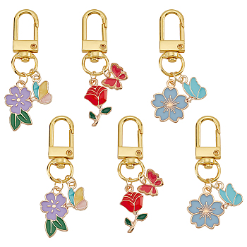 WADORN 2 Sets Alloy Enamel Flower & Butterfly Pendant Decorations, with Alloy Swivel Clasps, Clip-on Charms, Mixed Color, 54~60mm, 3pcs/set