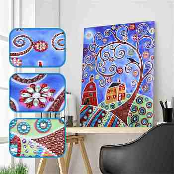 DIY Diamond Painting Canvas Kits, with Village Landscape Pattern Canvas, Resin Rhinestones, Pen, Tray Plate and Glue Clay, Mixed Color, 397x300x0.4mm