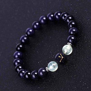 Capricorn Round Synthetic Blue Goldstone & Natural Gems Stretch Bracelets for Women Men