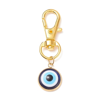 Resin Evil Eye Pendant Decorations, with Alloy Lobster Claw Clasps, Clip-on Charms, for Keychain, Purse, Backpack Ornament, Stitch Marker, Golden, 50mm