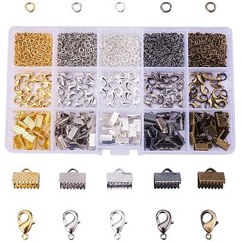 Basic Jewelry Findings with Brass Lobster Clasp Iron Jump Rings Ribbon Ends for Jewelry Making, About 1400 Pcs/box