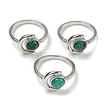 Natural Malachite Adjustable Rings, with Platinum Brass Findings, Long-Lasting Plated, Jewely for Women, Moon with Round, US Size 8(18.1mm).