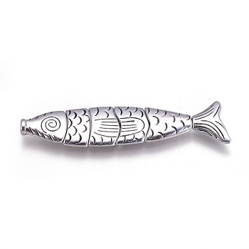 Alloy Fish Beads, Worry Fish Beads, Cadmium Free & Nickel Free & Lead Free, Antique Silver, 72x17x5mm, Hole: 2mm