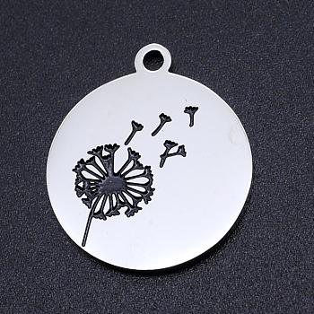 201 Stainless Steel Etched Pendants, Flat Round with Dandelion, Stainless Steel Color, 22x19x1.5mm, Hole: 1.8mm