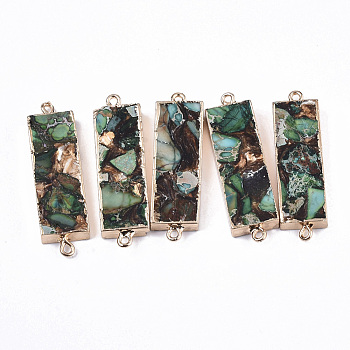 Assembled Synthetic Regalite/Imperial Jasper/Sea Sediment Jasper and Bronzite Links, Edge Light Gold Plated, with Iron Loop, Rectangle, Green, 44.5~45.5x13x5.5mm, Hole: 1.6mm