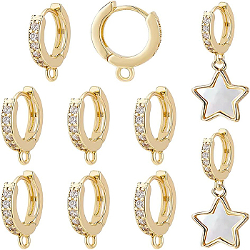 10Pcs Brass Huggie Hoop Earring Findings, with Horizontal Loops and Clear Cubic Zirconia, Lead Free & Cadmium Free, Real 18K Gold Plated, 15x2.5x13.5mm, Hole: 1.5mm, Pin: 0.9mm