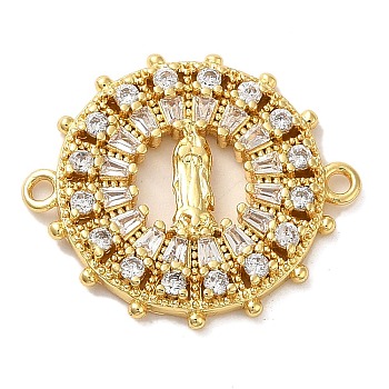Religion Brass Pave Clear Cubic Zirconia Connector Charms, Virgin Mary Links, Real 16K Gold Plated, Flat Round, 20.5x23x3mm, Hole: 1.5mm