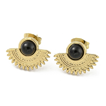 Real 18K Gold Plated 304 Stainless Steel Fan Stud Earrings, with Natural Black Agate, 11.5x15.5mm