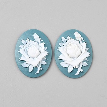 Resin Cabochons, Oval with Flower, Cadet Blue, 38.5x29x7.5mm