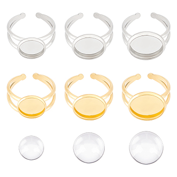 DIY Blank Dome Ring Making Kits, Including 304 Stainless Steel Cuff Ring Settings, Glass Cabochons, Golden & Stainless Steel Color, 12Pcs/box