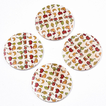 Fruit Seris Printed Wood Pendants, Flat Round with Fruit Pattern, Seashell Color, 30x5mm, Hole: 1.6mm