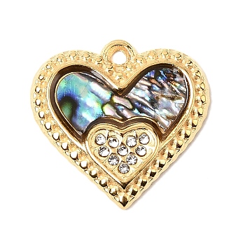 Natural Paua Shell Pendants, Heart Charms with 304 Stainless Steel Crystal Rhinestone Settings, Ion Plating(IP), Real 18K Gold Plated, 18x18x2~3mm, Hole: 1.4mm