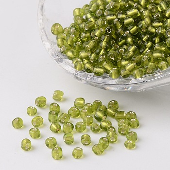 6/0 Round Silver Lined Round Hole Glass Seed Beads, Yellow Green, 4mm, Hole: 1.5mm, about 496pcs/50g
