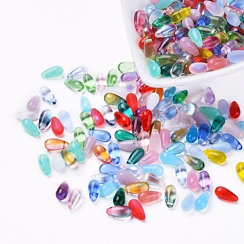 Czech Glass Beads, Electroplated/Dyed/Transparent/Imitation Opalite, Top Drilled Beads, Teardrop, Mixed Color, 10.5x5mm, Hole: 0.8mm, about 357~363pcs/bag