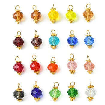 20Pcs 20 Color Glass Charms, with Golden Brass Loops, Faceted Bicone, Mixed Color, 13x7.5mm, Hole: 2.5mm, 1Pc/color