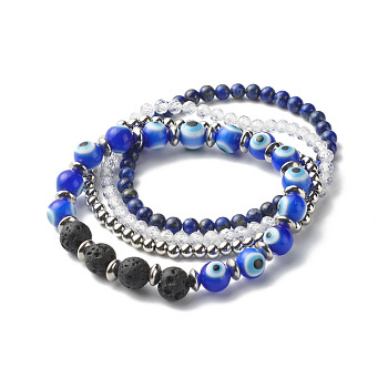Evil Eye Handmade Lampwork Stretch Bracelets Set, Oil Diffuser Natural Lava Rock & Natural Lapis Lazuli Bracelets, Inner Diameter: 2~ 2-1/8inch(5.2~5.4cm), 4pcs/set