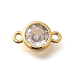 Brass Clear Cubic Zirconia Connector Charms, Flat Round, Real 18K Gold Plated, 6x10x2.5mm, Hole: 1mm(KK-K294-14G)