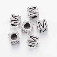 304 Stainless Steel Large Hole Letter European Beads, Cube with Letter.M, Antique Silver, 8x8x8mm, Hole: 5mm(STAS-H428-01AS-M)