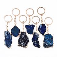 Natural Regalite/Imperial Jasper/Sea Sediment Jasper Keychain, with Golden Plated Edge & Light Gold Stainless Steel Split Key Rings, Dyed, Nuggets, Marine Blue, 92~110mm(G-N0326-002C)