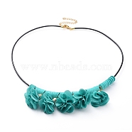 Cowhide Leather Cord Bib Necklaces, with Polymer Clay Heishi Beads, Acrylic Cloth Pendant, 304 Stainless Steel Twisted Extender Chains and Lobster Claw Clasps, Flower, Dark Turquoise, 18.1 inch(46cm)(NJEW-JN02590-04)
