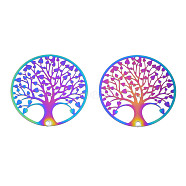 Ion Plating(IP) 201 Stainless Steel Filigree Pendants, Etched Metal Embellishments, Tree of Life, Rainbow Color, 30x0.2mm, Hole: 1.2mm(STAS-S118-077)