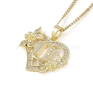 304 Stainless Steel Heart Pendant Necklaces with Cubic Zirconia, Letter Charms, Letter U, 16.54 inch(42cm)(NJEW-H029-01G-U)