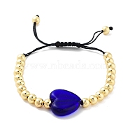 Handmade Lampwork Heart Bracelets, Adjustable 6mm Round Brass Braided Bead Bracelets for Women, Real 18K Gold Plated, Midnight Blue, Inner Diameter: 1-7/8~3-1/8 inch(4.8~7.8cm), Heart: 19x20.5x7mm(BJEW-Q338-01E)
