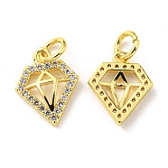 Rack Plating Brass Micro Pave Cubic Zirconia Charms, with Jump Ring, Diamond, Golden, 13x10x2mm, Hole: 3.2mm(KK-D036-13G)