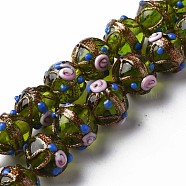 Handmade Gold Sand Lampwork Beads Strands, Round with Flower, Green, 13~15x11~13mm, Hole: 1.6mm, about 45pcs/strand, 20.47 inch~21.06 inch(52cm~53.5cm)(LAMP-T017-05E)