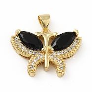 Brass Micro Pave Cubic Zirconia Pendants, Cadmium Free & Lead Free, Long-Lasting Plated, Butterfly, Real 18K Gold Plated, Black, 16.5x23.5x6mm, Hole: 3.5x3.5mm(KK-B059-34G-A)