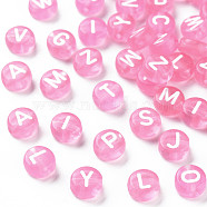 Transparent Acrylic Beads, Horizontal Hole, Mixed Letters, Flat Round, Pearl Pink, 7x4mm, Hole: 1.5mm, about 3700pcs/500g(TACR-N002-04I)