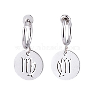 Brass Clip-on Hoop Earring, with 304 Stainless Steel Charms, Flat Round with Constellation/Zodiac Sign, Virgo, 24mm(EJEW-JE04115-06)