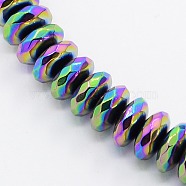 Grade A Electroplate Non-magnetic Synthetic Hematite Beads Strands, Faceted, Rondelle, Multi-color Plated, 8x3mm, Hole: 1mm, about 111pcs/strand, 15.5 inch(G-N0014-8x3mm-05)