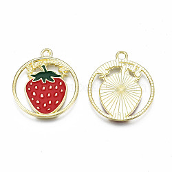 Alloy Enamel Pendants, Cadmium Free & Nickel Free & Lead Free, Light Gold, Ring with Word and Strawberry, Red, 24.5x22x1.5mm, Hole: 2mm(ENAM-S126-102-A-RS)
