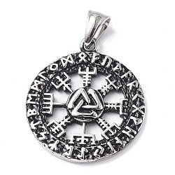 304 Stainless Steel Pendants, Flat Round with Viking Compass Rune, Antique Silver, 37x32x3mm, Hole: 8x5mm(STAS-C065-01AS)