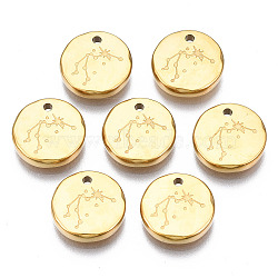 316 Surgical Stainless Steel Charms, Flat Round with Constellation, Real 14K Gold Plated, Aquarius, 10x2mm, Hole: 1mm(STAS-S116-418F-G)