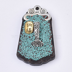 (Holiday Stock-Up Sale)Handmade Indonesia Big Pendants, with Alloy Findings, Red Sandalwood and Resin, Antique Silver, Chinese Character, Trapezoid, Medium Turquoise, 55~56x33~34x13mm, Hole: 1.6~2mm(IPDL-N002-65)
