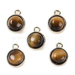 Natural Tiger Eye Pendants, with GoldenTone Rack Plating Brass, Flat Round, 9.8x7.5x4.3mm, Hole: 1.2mm(G-K372-03G-13)