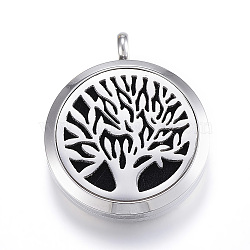 316 Surgical Stainless Steel Diffuser Locket Pendants, with Perfume Pad and Magnetic Clasps, Flat Round with Tree of Life, Black, 36.5x30x6.5~7mm, Hole: 5mm(X-STAS-E112-20A)