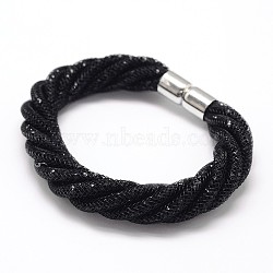 Trendy Plastic Net Thread Cord Bracelets, with Resin Rhinestone and Platinum Tone Brass Magnetic Clasps, Black, 220x13mm(BJEW-E238-04)
