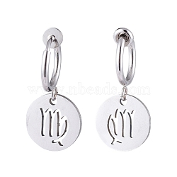 Brass Clip-on Hoop Earring, with 304 Stainless Steel Charms, Flat Round with Constellation/Zodiac Sign, Virgo, 24mm(EJEW-JE04115-06)