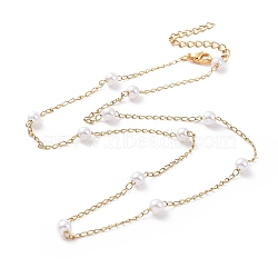 Vacuum Plating 304 Stainless Steel Beaded Necklaces, with Plastic Imitation Pearl Beads and Curb Chains, Golden, 17.48 inch(44.4cm)(NJEW-E064-04G)