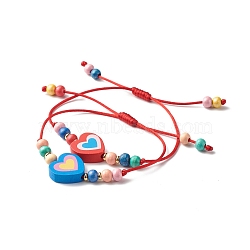 Cute Heart Wood Bead Bracelet for Kid, Colorful Wood Beads Adjustable Cord Bracelet, Red, Inner Diameter: 3/4~4 inch(1.8~7.7cm)(BJEW-JB06753-03)