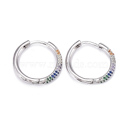 Brass Micro Pave Cubic Zirconia Huggie Hoop Earrings, Long-Lasting Plated, Ring, Colorful, Real Platinum Plated, 20x2.5mm, Pin: 0.8mm(EJEW-K083-36P-A)