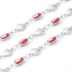 304 Stainless Steel Enamel  Link Chains, Evil Eye & Heart Link, Unwelded, with Spool, Stainless Steel Color, Red, Evil Eye: 11x4x3mm, Heart: 10x6x2mm,  16.4 Feet(5m)/roll(STAS-H145-10A-P)