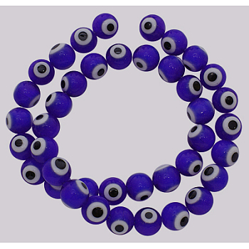 Handmade Italianate Lampwork Beads Strands, Evil Eye Style, Round, Blue, about 12mm in diameter, hole: 2mm, about 31pcs/strand, 14 inch