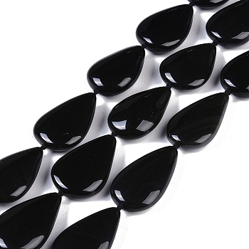 Natural Black Gemstone Beads Strands, Teardrop, 34.5x23.5x9mm, Hole: 1.4mm, about 12pcs/strand, 15.16''(38.5cm)