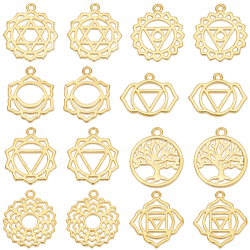 Elite 32Pcs 8 Styles Brass Pendants, Long-Lasting Plated, Hollow, Mixed Shapes, Real 18K Gold Plated, 12.5~17x12.5~16.5x1~1.5mm, Hole: 1~1.6mm, 4pcs/style
